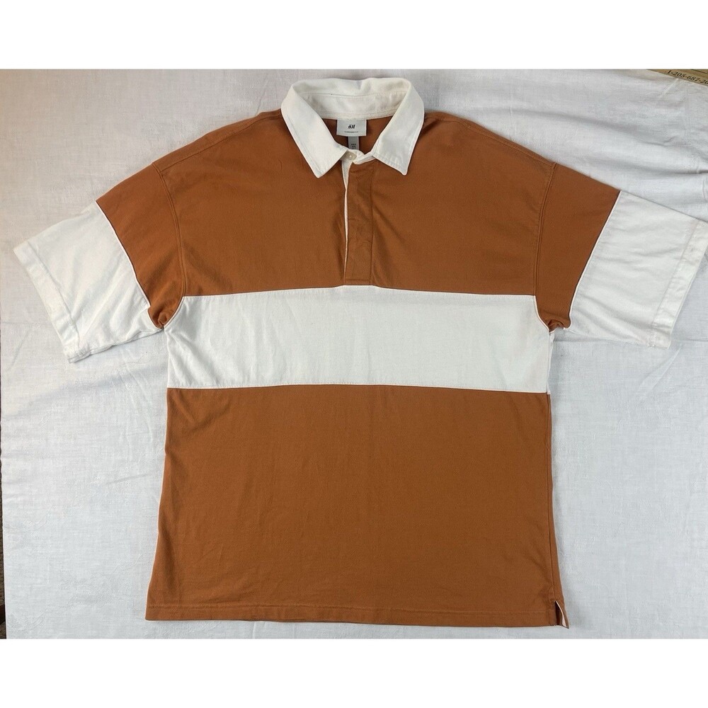 H & M Men’s Shirt Sz Med Oversized Fit Short Sleeve Burnt Orange & White Collar